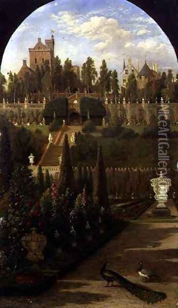 Drummond Castle, Perthshire, seen from the Gardens, 1847 Oil Painting - Jacob Thompson