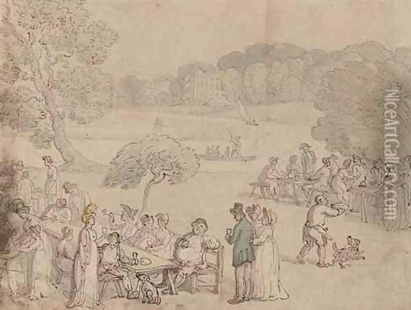 Figures picnicking by the Thames at Twickenham Oil Painting - Thomas Rowlandson