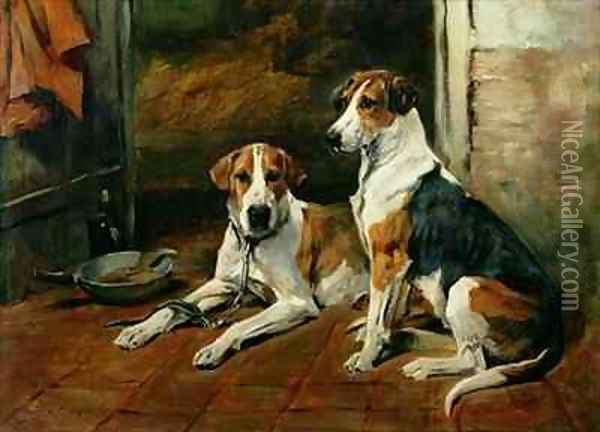Hounds in a Stable Interior Oil Painting - John Emms