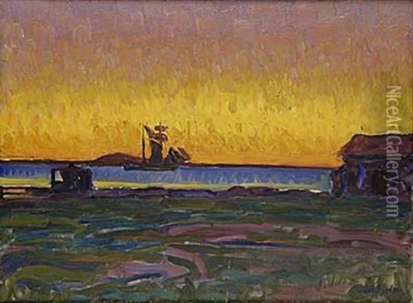 Skuta I Solnedgang Oil Painting - Axel Sjoeberg