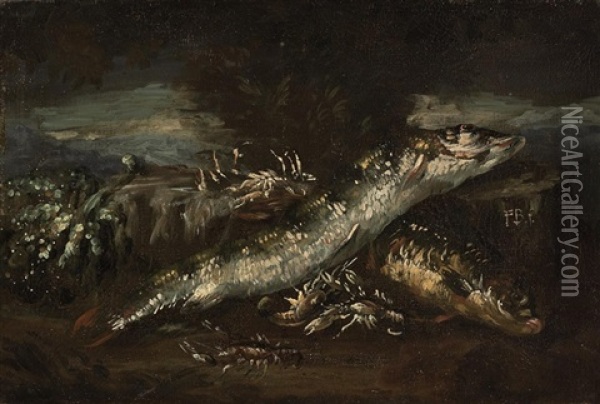 Fish, Crayfish And A Gourd, A Landscape Beyond Oil Painting - Felice Boselli