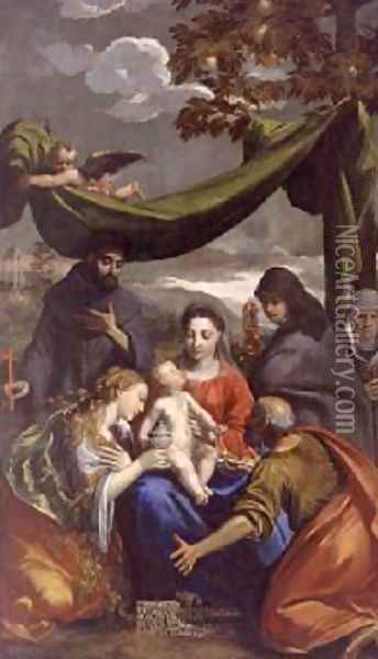 The Virgin and Child with Saints Mary Magdalene, Peter, Clare, and Francis and an Abbess 1600 Oil Painting - Sigismondo (Mondino) Scarsellino