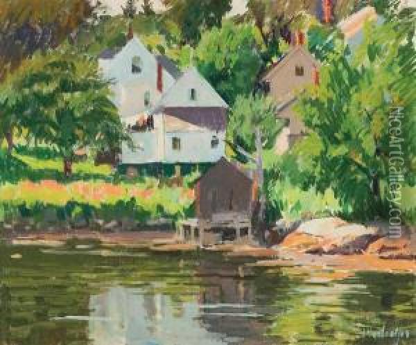 ''boat House, Boothbay Harbor'' Oil Painting - George Oberteuffer