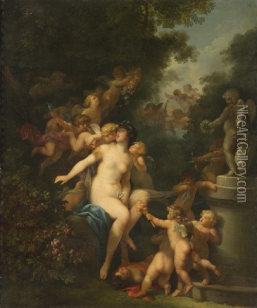 Venus Entouree D'une Ronde D'amours Pres D'un Buisson De Roses, Avec Cupidon Lui Decochant Une Fleche Oil Painting - Jean-Frederic Schall