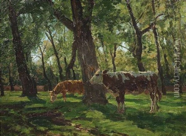 Zwei Stehende Kuhe Unter Schattenspendenden Baumen Oil Painting - Victor Weishaupt