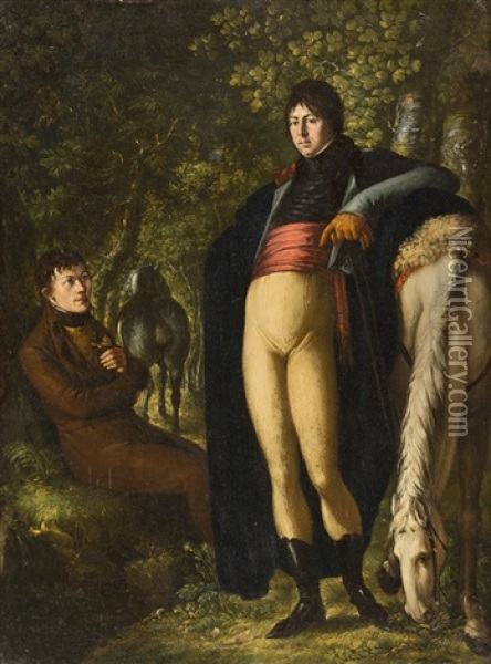 Waldlichtung Mit Zwei Eleganten Reitern Bei Der Rast Oil Painting - Joseph Reinhart