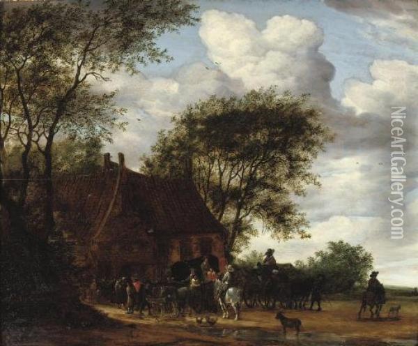 A Wooded Landscape With Travellers By An Inn Oil Painting - Salomon van Ruysdael
