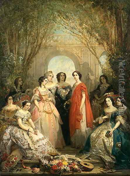 The Women of the Comedie Francaise in their Costumes, 1855 Oil Painting - Faustin Besson