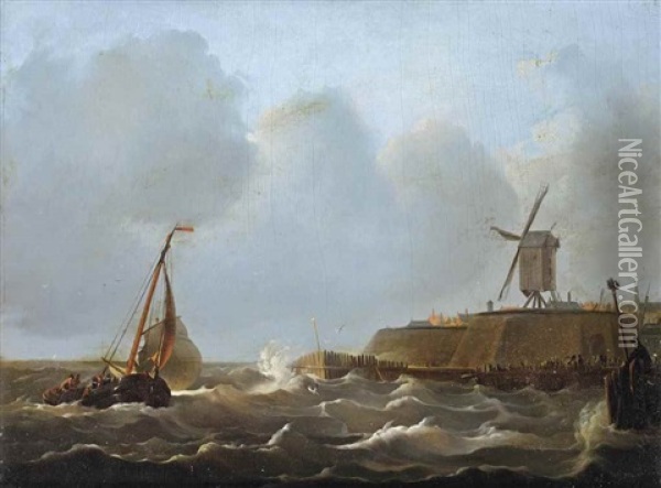 A Sailing Vessel In Choppy Waters Near A Fortified Town Oil Painting - Johannes Christiaan Schotel