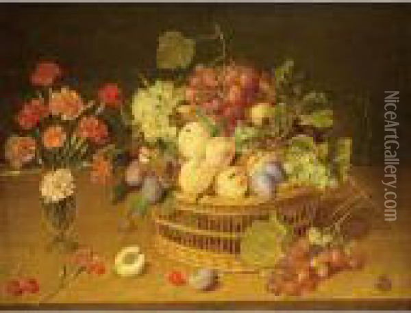 A Still Life Of Fruit In A Basket And Flowers In A Vase Oil Painting - Jacob van Hulsdonck