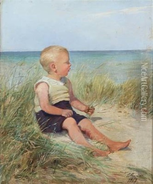 Beach Scape With A Boy In The Sand Oil Painting - Emilie (Caroline E.) Mundt