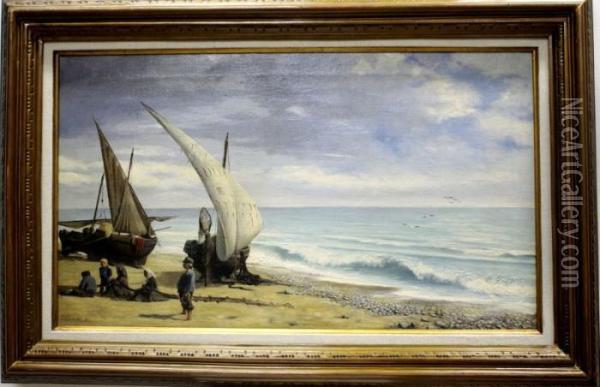 Pescadores Y Barcas En La Playa Oil Painting - Francisco Galofre Oller
