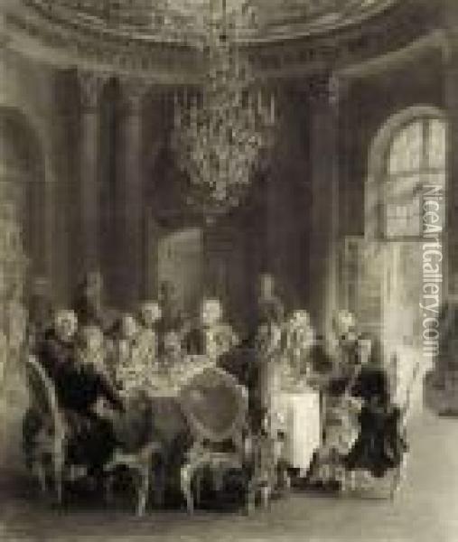 Roundtable In Sanssouci. Pencil 
On Paper, Inscribed Andindistinctly Dated, On The Passepartout Affixed 
Paper Strip With Inscription 