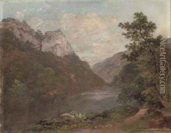 A Quiet Stretch Of River In A Mountainous Landscape Oil Painting - Edward Price