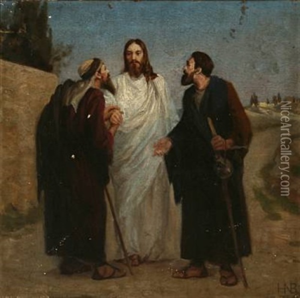 Two Of The Disciples Meeting The Resurrected Jesus On The Way To Emmaus Oil Painting - Hans Andersen Brendekilde