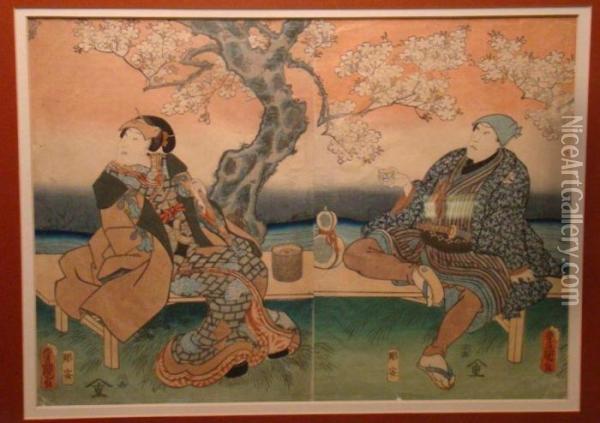 Theatrical Scene With Man And Woman Seated On A Bench Beneath A Cherry Tree Oil Painting - Toyokuni