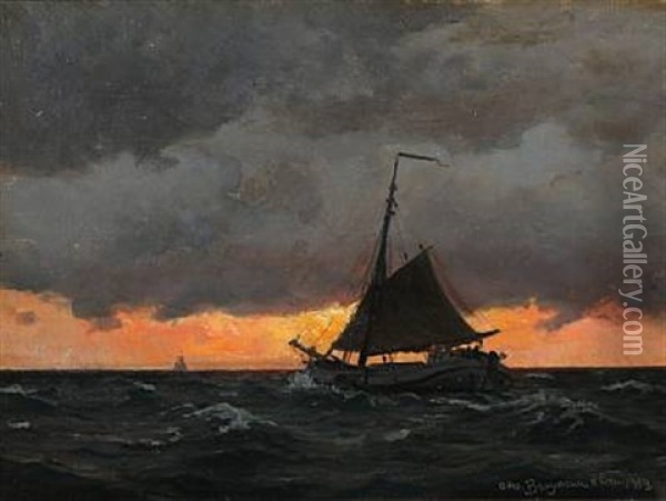 Fishing Boat At Sunset Oil Painting - Christian Benjamin Olsen