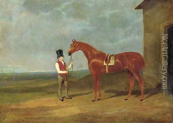 Mr. Dixon's Mountaineer, a chestnut colt, held by a groom outside a stable Oil Painting - John Frederick Herring Snr