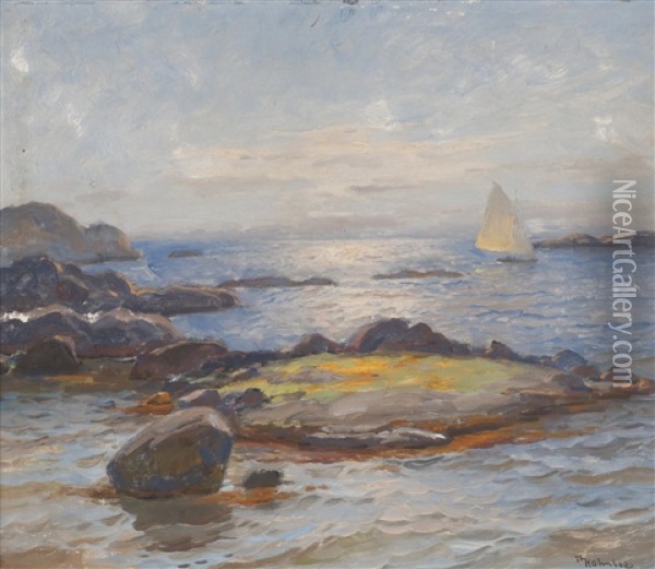 Kystlandskap Med Bat Oil Painting - Thorolf Holmboe