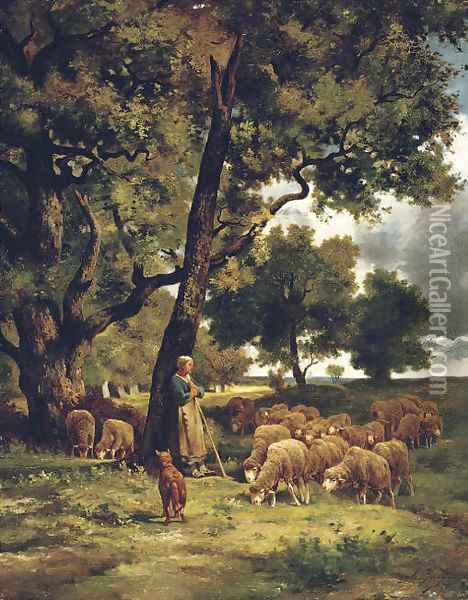 The Shepherdess and Her Flock Oil Painting - Charles Emile Jacque
