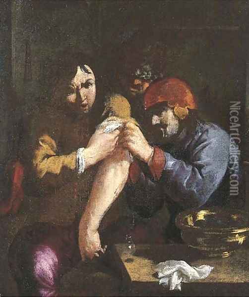 The Sense of Touch A surgeon attending to a man's arm Oil Painting - Adriaen Brouwer