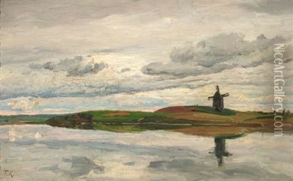Weite Landschaft Mit Windmuhle Unter Bewolktem Himmel Oil Painting - Friedrich Kallmorgen