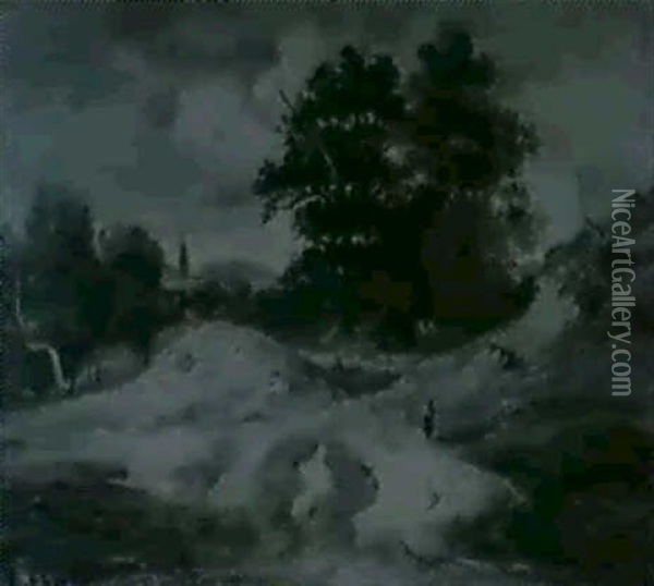 Hugellandschaft Mit Baumgruppeund Reisigsammlerin, Im       Hintergrund Ein Kirchdorf Oil Painting - Carl Ebert