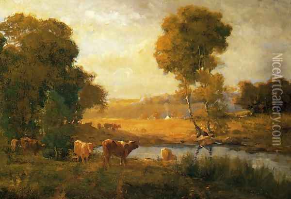 Cows Watering near the Farm Oil Painting - John Carleton Wiggins