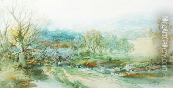 Rural River Scene With Fisherman Sat On The Bank Oil Painting - Albert Pollitt