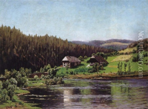 Schwarzwaldlandschaft Im Sommer Mit Spiegelndem See Und Malerischen Hausern Oil Painting - Margarete Von Baczko