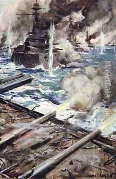 A fleet of battleships firing broadside Oil Painting - Cyrus Cuneo