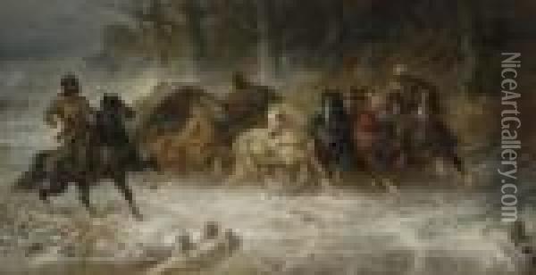 Wallachian Horsemen In A Winter Landscape Oil Painting - Adolf Schreyer