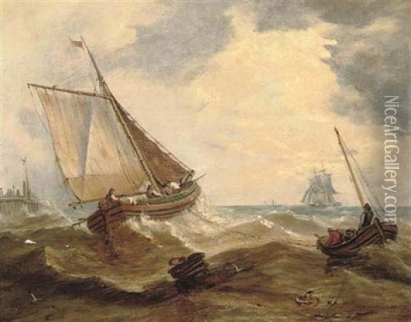 Fishermen Hauling In Their Nets Off A Pier Oil Painting - John Moore Of Ipswich