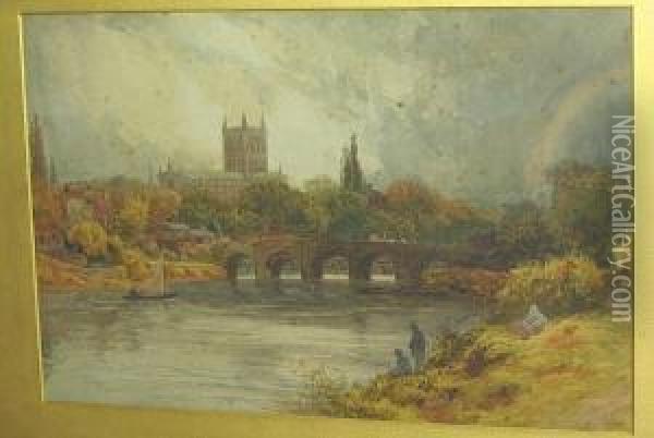 'hereford' - River Landscape With Anglers On A Bank, The Cathedral Visible Beyond Oil Painting - David Law
