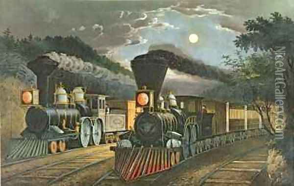 The Lightning Express Trains Oil Painting - Currier
