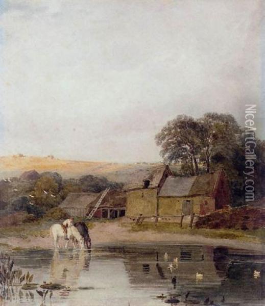 Horses Watering At A Farm Near Lincoln Oil Painting - Peter de Wint