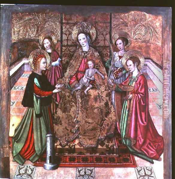 The Virgin and Child with St Ines and St Barbara Oil Painting - Jaume Huguet