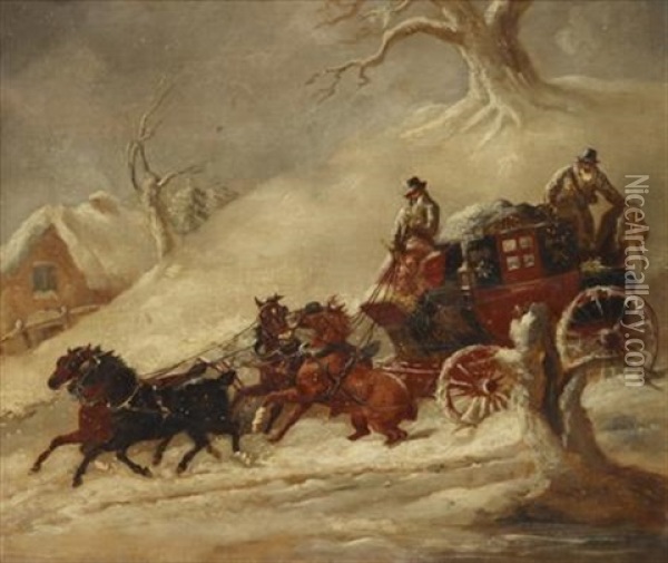 The Bath-london Mail Coach, Winter Oil Painting - John Charles Maggs