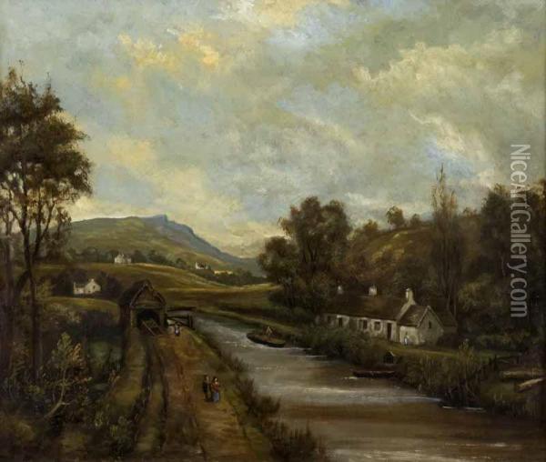 Cavehill From The Tow Path Oil Painting - Hugh Frazer