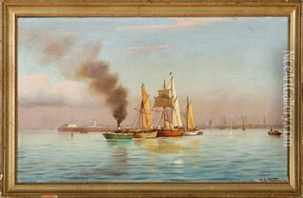 Ships In Copenhagen Harbour Oil Painting - Johan Jens Neumann