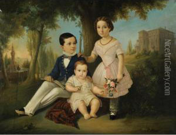 Ritratto Della Famiglia Vivante Nel Paesaggio Oil Painting - Augusto Tominz