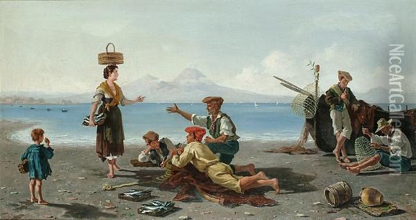 Fisherfolk By The Shore Of The Bay Of Naples, Vesuvius In The Distance Oil Painting - Figlio De Vivo