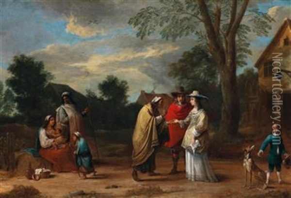 An Elegant Couple Meeting A Fortune Teller Oil Painting - David Teniers the Younger