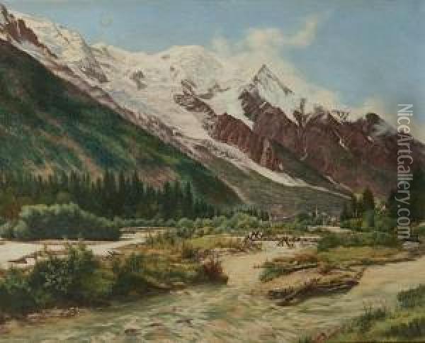 Vue De Chamonix Et Du Massif Du Mont Blanc Depuis La Plaine Des Praz Oil Painting - Abel Boulineau