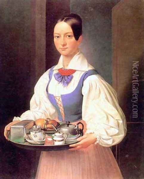 Girl with Breakfast on a Tray Oil Painting - Marcin Jablonski