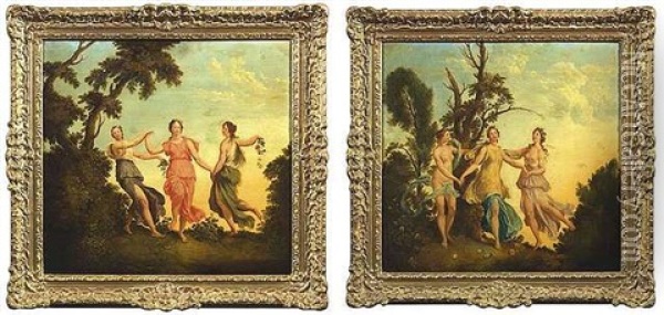 Drei Tanzende Nymphen Mit Blumengirlanden In Einer Waldlandschaft (+ Drei Reigen Tanzende Nymphen; Pair) Oil Painting - Christian Wilhelm Ernst Dietrich