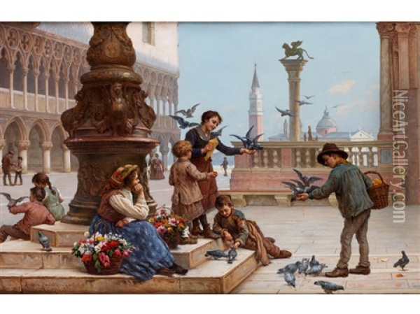Tauben Futternde Kinder Oil Painting - Antonio Ermolao Paoletti