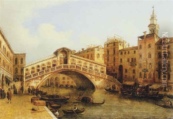 A View Of The Rialto Bridge, Venice, Looking North-east From The Riva Del Vino, With The Campanile Of Santa Maria Formosa Beyond Oil Painting - Giuseppe Bernardino Bison