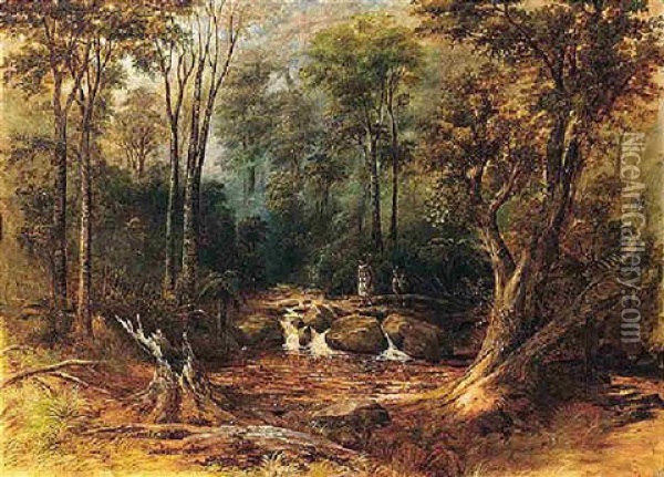 Maori Hunters Crossing A Woodland Stream, New Zealand Oil Painting - Peter Power