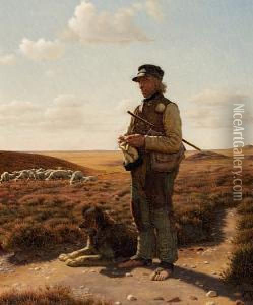 A Shepherd In The Moor In Sejs, West Of Silkeborg In Denmark Oil Painting - Frits Johann Freder. Vermehren